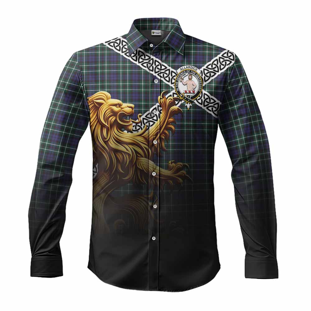 Allardice Crest Tartan Long Sleeve Button Shirt with Golden Lion Emblem Celtic Style Men's Shirt S - Tartan Vibes Clothing