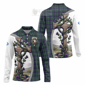 Allardice Tartan Long Sleeve Polo Shirt with Family Crest and St. Andrew's Cross Accented by Thistle Vines Unisex - Tartan Vibes Clothing