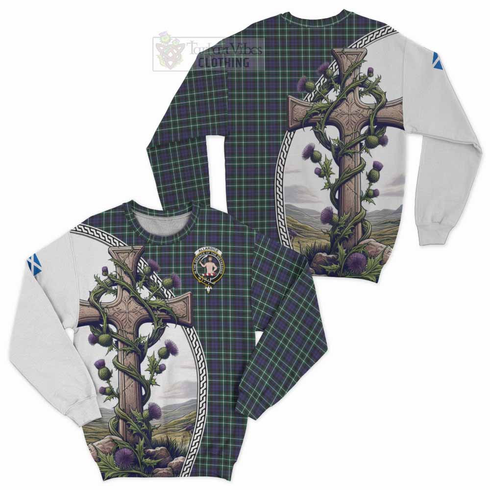 Allardice Tartan Sweatshirt with Family Crest and St. Andrew's Cross Accented by Thistle Vines Unisex - Tartan Vibes Clothing