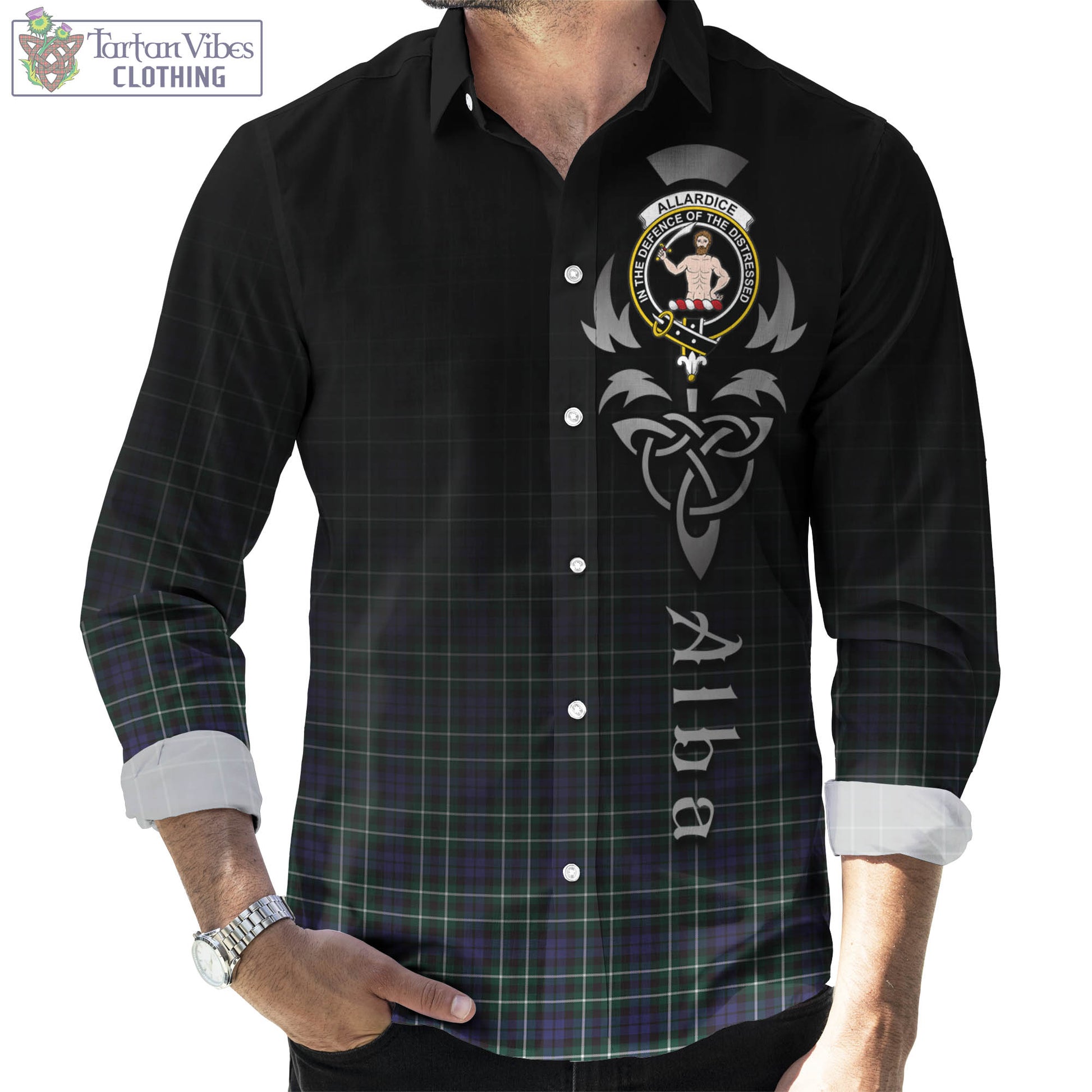 Tartan Vibes Clothing Allardice Tartan Long Sleeve Button Up Featuring Alba Gu Brath Family Crest Celtic Inspired