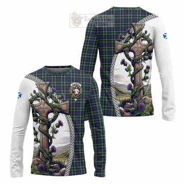 Allardice Tartan Long Sleeve T-Shirt with Family Crest and St. Andrew's Cross Accented by Thistle Vines Unisex - Tartan Vibes Clothing