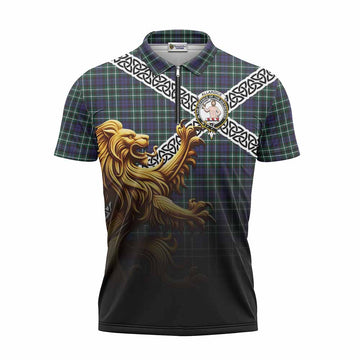 Allardice Crest Tartan Zipper Polo Shirt with Golden Lion Emblem Celtic Style Unisex - Tartan Vibes Clothing
