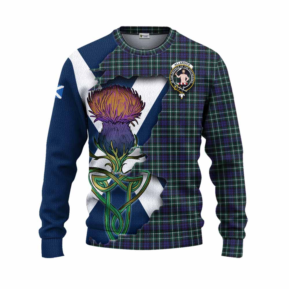 Tartan Vibes Clothing Allardice Tartan Family Crest Knitted Sweater Scottish Thistle Celtic Inspired