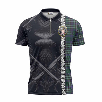 Allardice Tartan Zipper Polo Shirt with Family Crest Cross Sword Thistle Celtic Vibes Unisex - Tartan Vibes Clothing