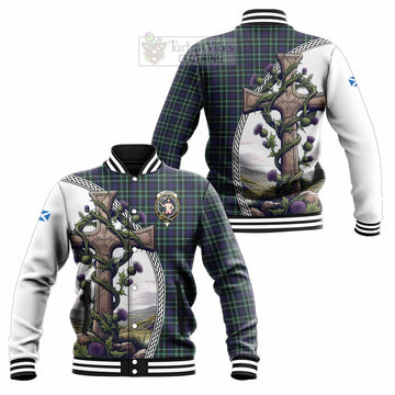 Allardice Tartan Baseball Jacket with Family Crest and St. Andrew's Cross Accented by Thistle Vines Unisex - Tartan Vibes Clothing