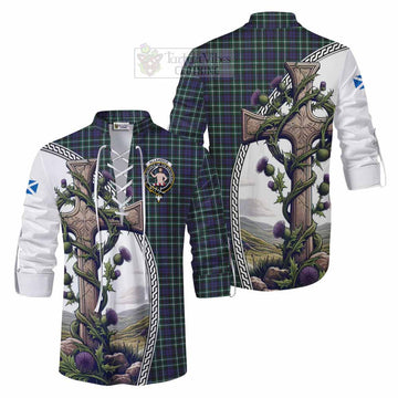 Allardice Tartan Ghillie Kilt Shirt with Family Crest and St. Andrew's Cross Accented by Thistle Vines Men - Tartan Vibes Clothing