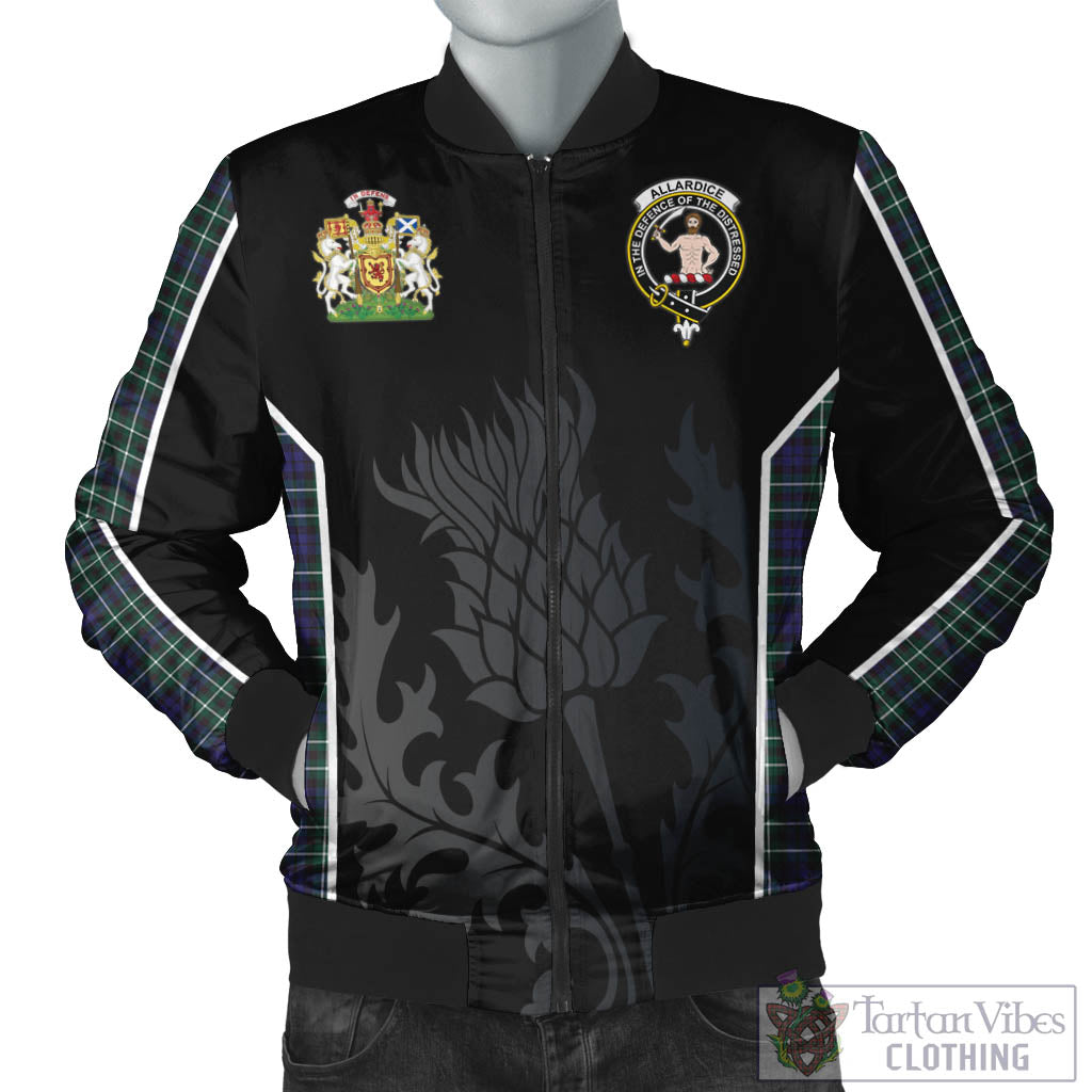Allardice Tartan Bomber Jacket with Family Crest and Scottish Thistle Vibes Sport Style Unisex Black - Tartan Vibes Clothing