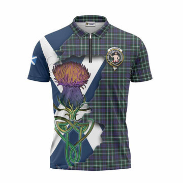 Tartan Vibes Clothing Allardice Tartan Family Crest Zipper Polo Shirt Scottish Thistle Celtic Inspired