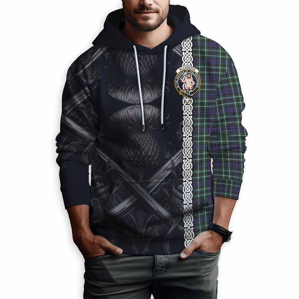 Allardice Tartan Hoodie with Family Crest Cross Sword Thistle Celtic Vibes Pullover Hoodie - Tartan Vibes Clothing