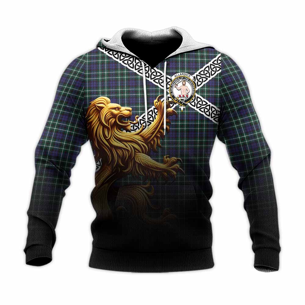 Allardice Crest Tartan Knitted Hoodie with Golden Lion Emblem Celtic Style Unisex Knitted Pullover Hoodie - Tartan Vibes Clothing