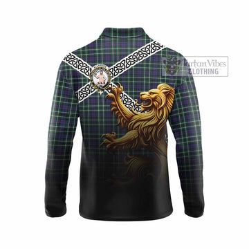 Allardice Crest Tartan Long Sleeve Polo Shirt with Golden Lion Emblem Celtic Style - Tartan Vibes Clothing