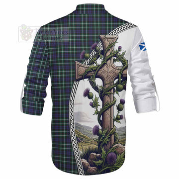 Allardice Tartan Ghillie Kilt Shirt with Family Crest and St. Andrew's Cross Accented by Thistle Vines - Tartan Vibes Clothing