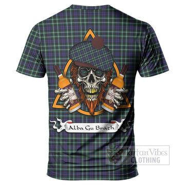 Allardice Tartan T-Shirt with Family Crest and Bearded Skull Holding Bottles of Whiskey - Tartan Vibes Clothing