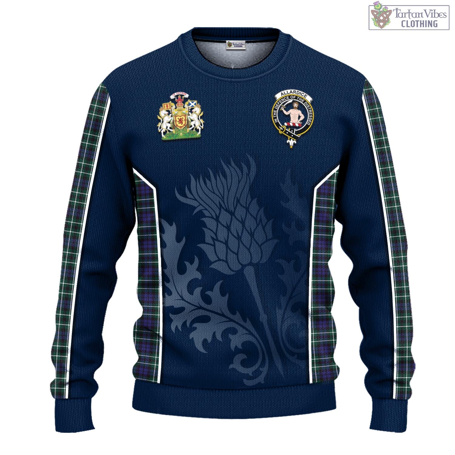 Allardice Tartan Knitted Sweatshirt with Family Crest and Scottish Thistle Vibes Sport Style - Tartan Vibes Clothing