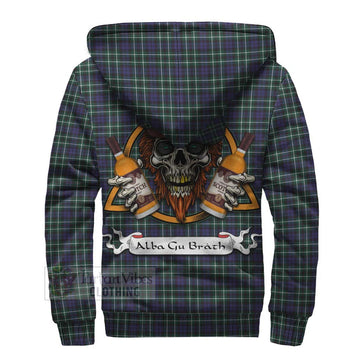 Allardice Tartan Sherpa Hoodie with Family Crest and Bearded Skull Holding Bottles of Whiskey - Tartan Vibes Clothing