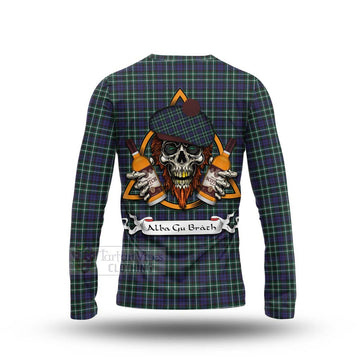 Allardice Tartan Long Sleeve T-Shirt with Family Crest and Bearded Skull Holding Bottles of Whiskey - Tartan Vibes Clothing