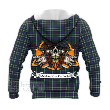 Allardice Tartan Knitted Hoodie with Family Crest and Bearded Skull Holding Bottles of Whiskey - Tartan Vibes Clothing