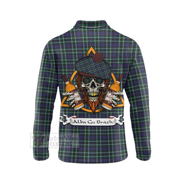 Allardice Tartan Long Sleeve Polo Shirt with Family Crest and Bearded Skull Holding Bottles of Whiskey - Tartan Vibes Clothing
