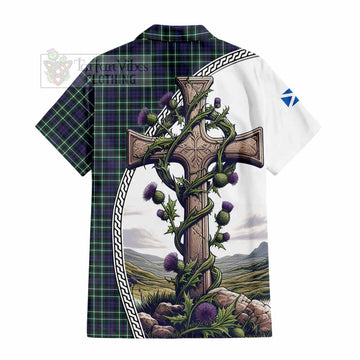 Allardice Tartan Hawaiian Shirt with Family Crest and St. Andrew's Cross Accented by Thistle Vines - Tartan Vibes Clothing