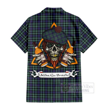 Allardice Tartan Hawaiian Shirt with Family Crest and Bearded Skull Holding Bottles of Whiskey - Tartan Vibes Clothing