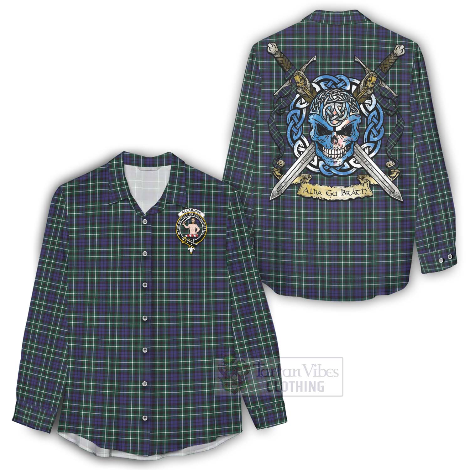 Allardice Tartan Women's Casual Shirt with Family Crest Celtic Skull Style - Tartan Vibes Clothing