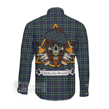Allardice Tartan Long Sleeve Button Shirt with Family Crest and Bearded Skull Holding Bottles of Whiskey Men's Shirt - Tartan Vibes Clothing
