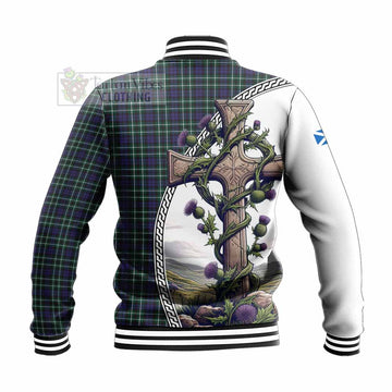 Allardice Tartan Baseball Jacket with Family Crest and St. Andrew's Cross Accented by Thistle Vines - Tartan Vibes Clothing