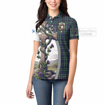 Allardice Tartan Women's Polo Shirt with Family Crest and St. Andrew's Cross Accented by Thistle Vines - Tartan Vibes Clothing