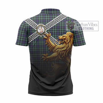 Allardice Crest Tartan Zipper Polo Shirt with Golden Lion Emblem Celtic Style - Tartan Vibes Clothing