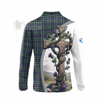 Allardice Tartan Long Sleeve Polo Shirt with Family Crest and St. Andrew's Cross Accented by Thistle Vines - Tartan Vibes Clothing