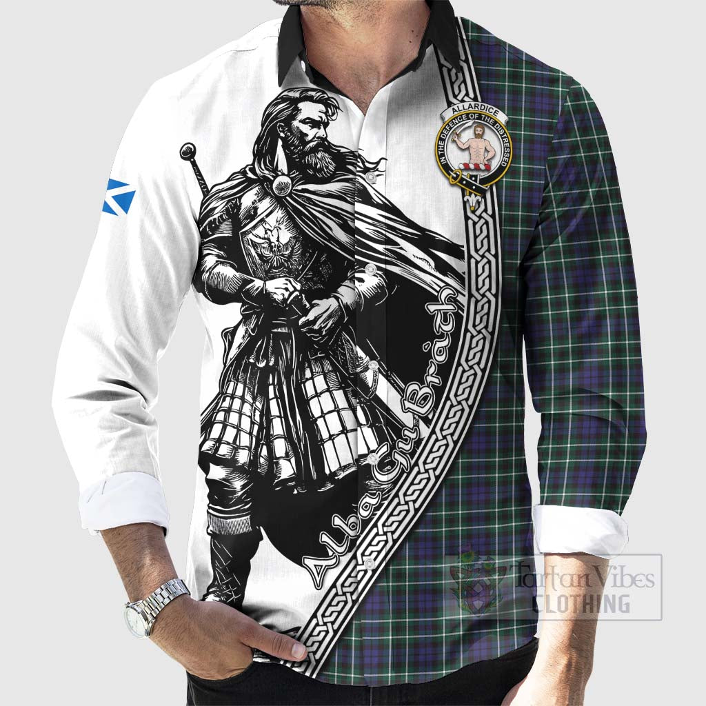 Allardice Tartan Clan Crest Long Sleeve Button Shirt with Highlander Warrior Celtic Style - Tartan Vibes Clothing