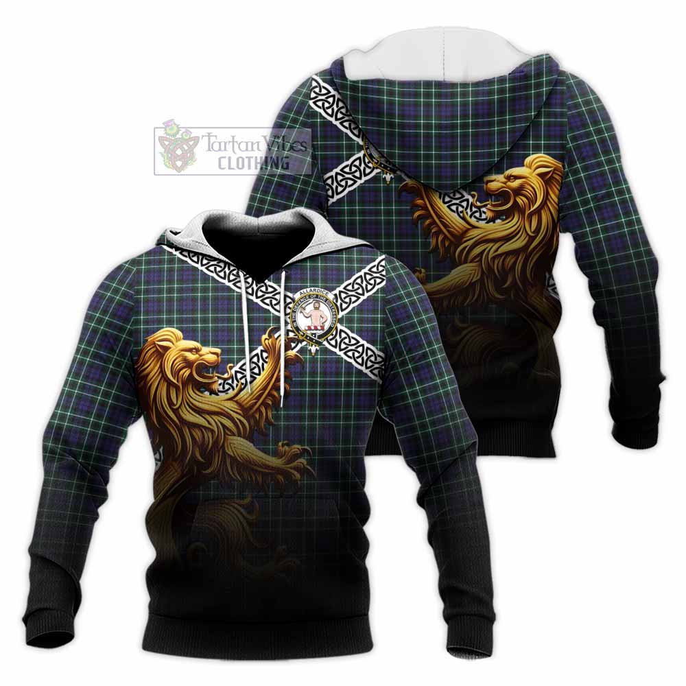 Allardice Crest Tartan Knitted Hoodie with Golden Lion Emblem Celtic Style - Tartan Vibes Clothing