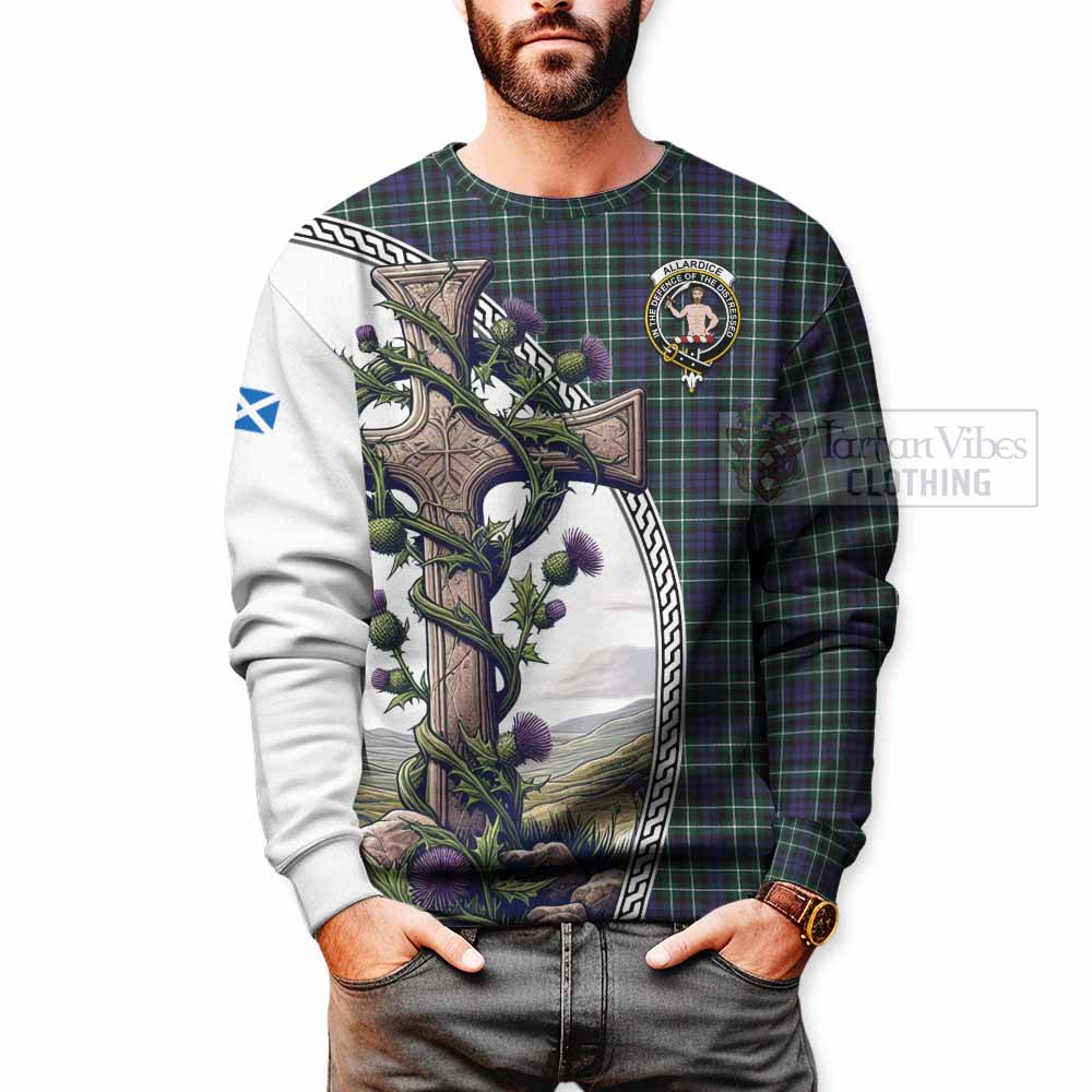 Allardice Tartan Sweatshirt with Family Crest and St. Andrew's Cross Accented by Thistle Vines - Tartan Vibes Clothing