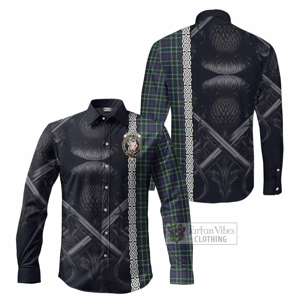 Tartan Vibes Clothing Allardice Tartan Long Sleeve Button Shirt with Family Crest Cross Sword Thistle Celtic Vibes