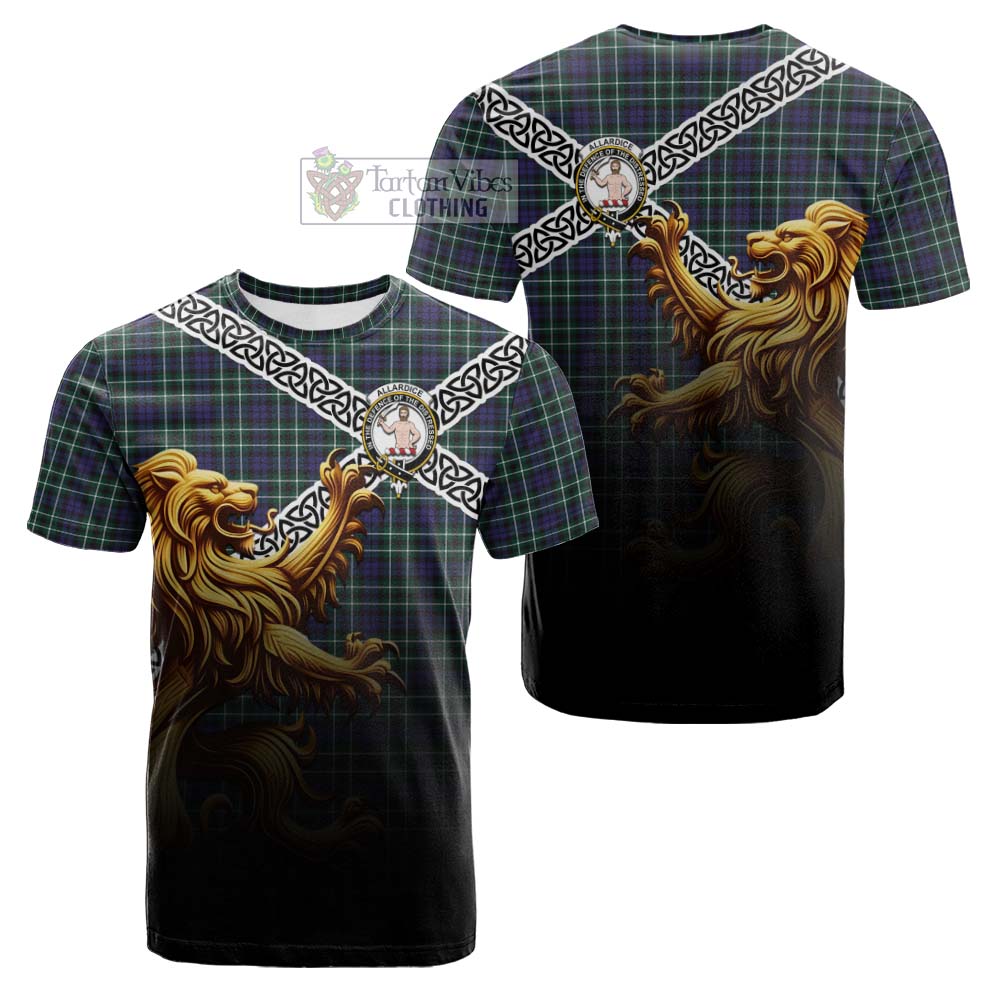 Tartan Vibes Clothing Allardice Crest Tartan Cotton T-shirt with Golden Lion Emblem Celtic Style