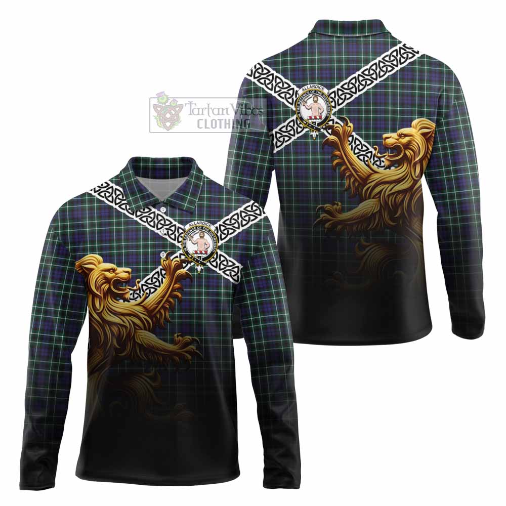 Allardice Crest Tartan Long Sleeve Polo Shirt with Golden Lion Emblem Celtic Style - Tartan Vibes Clothing