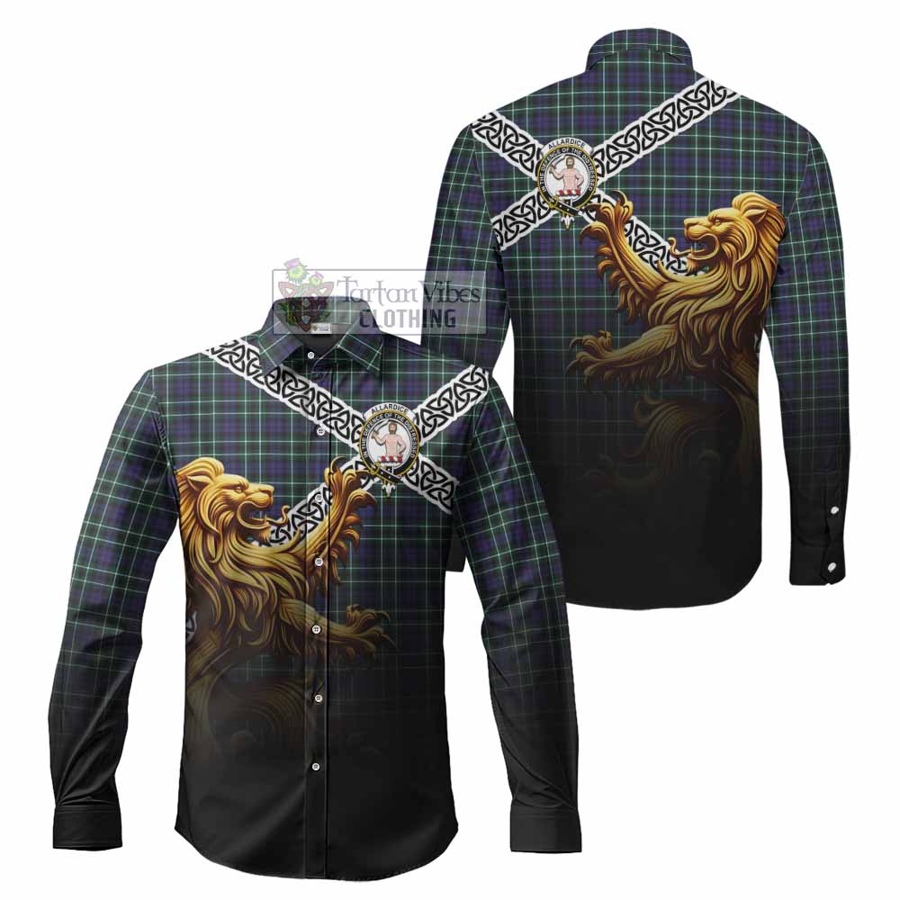Allardice Crest Tartan Long Sleeve Button Shirt with Golden Lion Emblem Celtic Style - Tartan Vibes Clothing