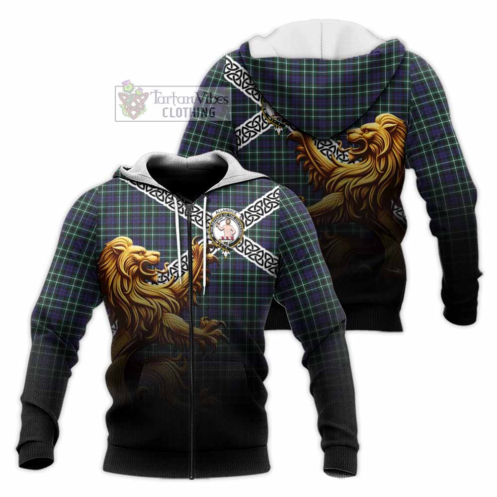 Allardice Crest Tartan Knitted Hoodie with Golden Lion Emblem Celtic Style Unisex Knitted Zip Hoodie - Tartan Vibes Clothing