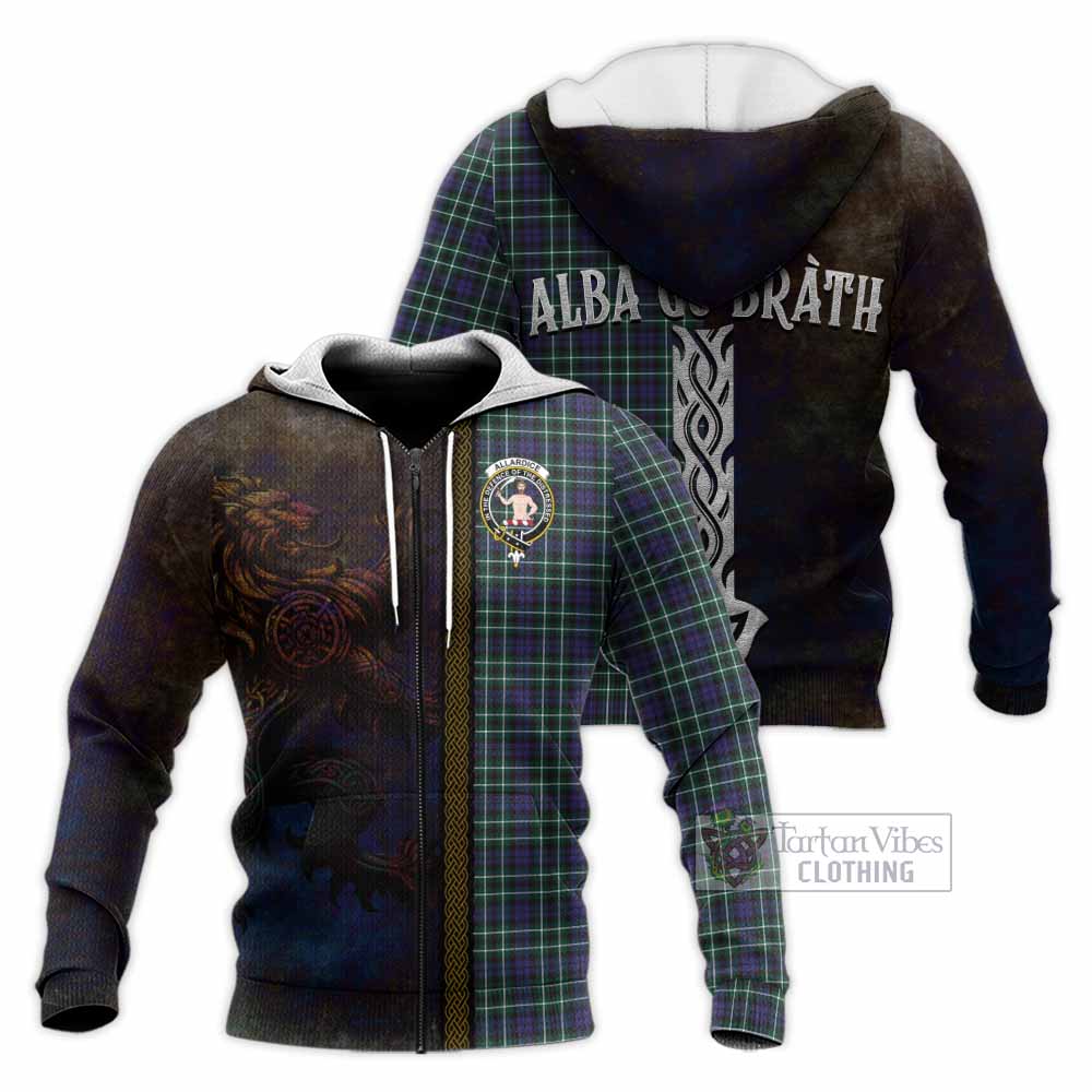 Tartan Vibes Clothing Allardice Tartan Family Crest Knitted Hoodie Alba Gu Brath Be Brave Lion Ancient Style