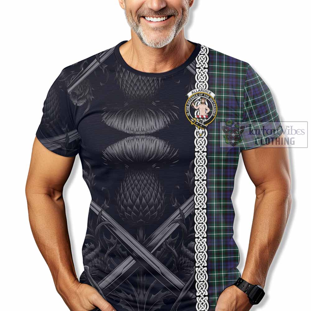 Allardice Tartan T-Shirt with Family Crest Cross Sword Thistle Celtic Vibes - Tartan Vibes Clothing