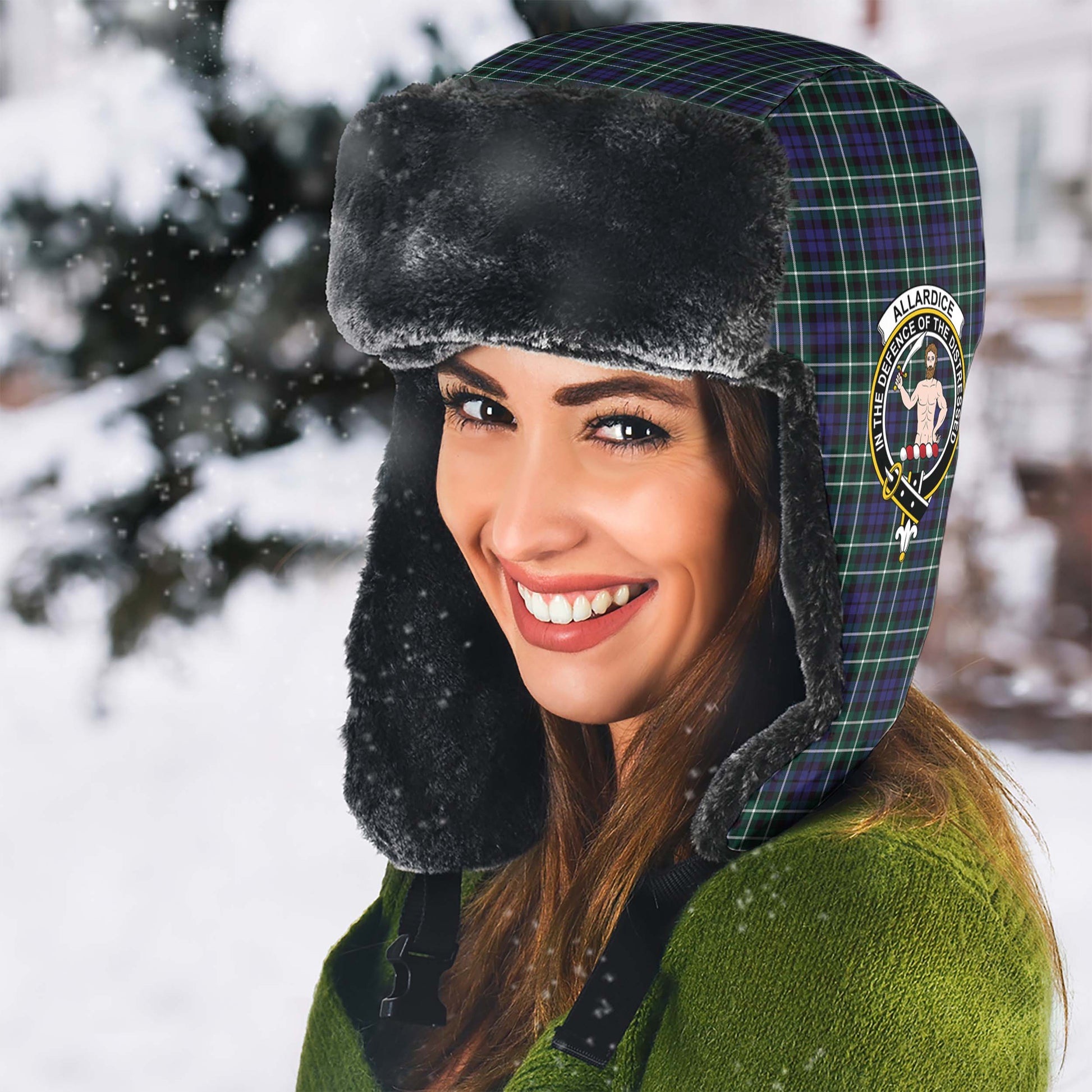 Allardice Tartan Winter Trapper Hat with Family Crest - Tartanvibesclothing