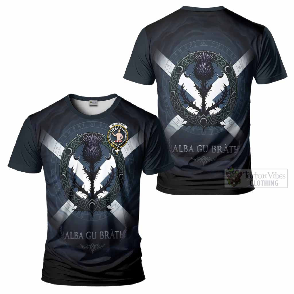Allardice Clan Crest T-Shirt with Celtic Knot Thistle and Saltire