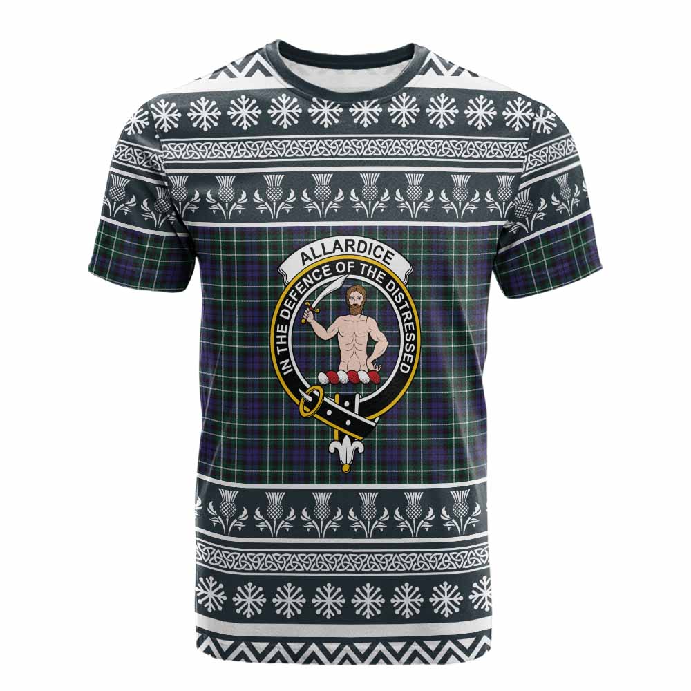Allardice Clan Tartan Christmas Cotton T-shirt with Family Crest - Tartan Vibes Clothing