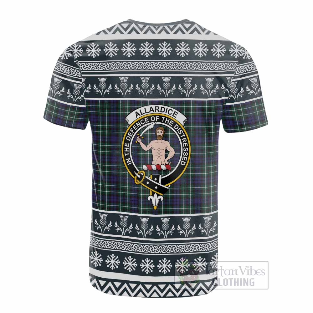 Allardice Clan Tartan Christmas Cotton T-shirt with Family Crest - Tartan Vibes Clothing
