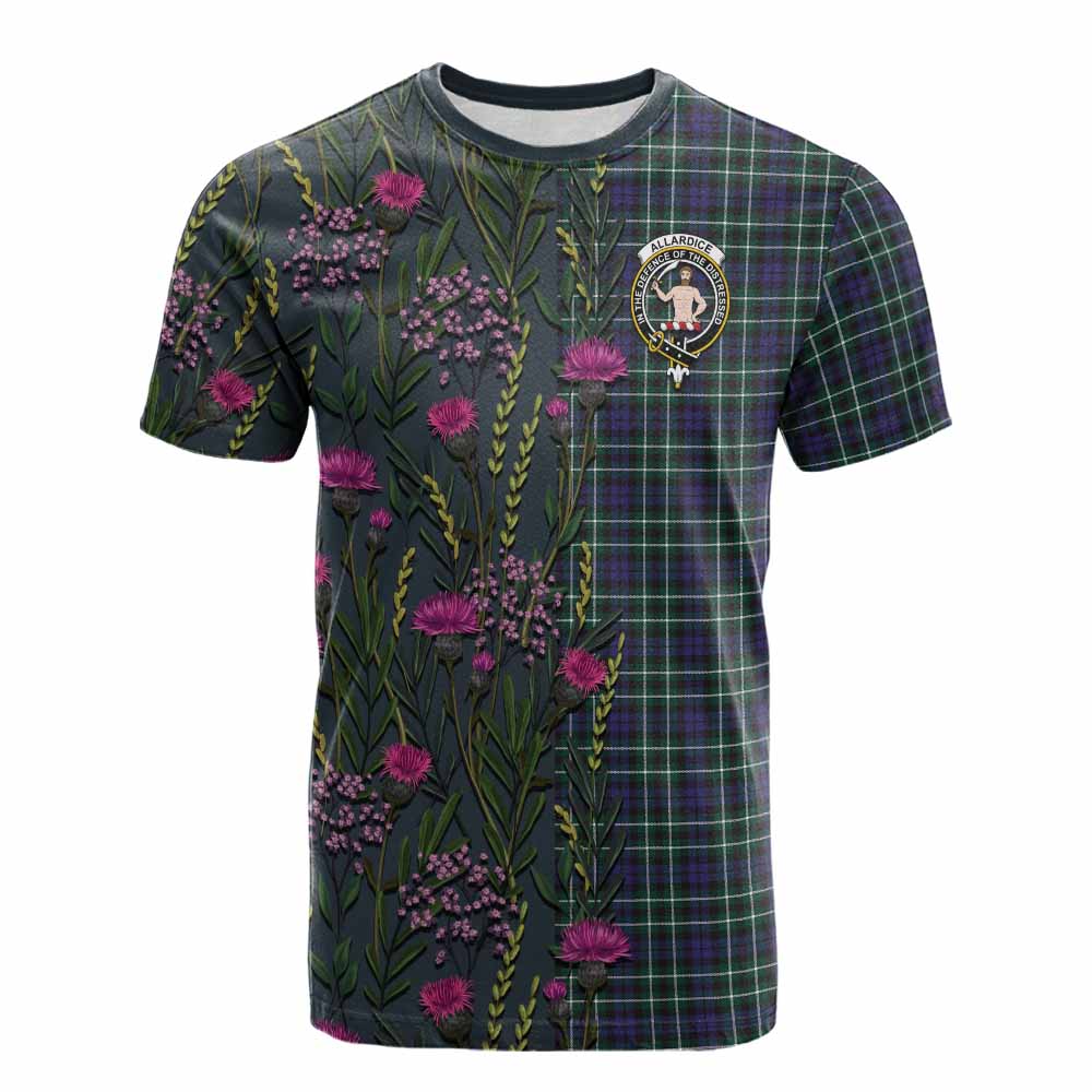 Allardice Family Crest Tartan Cotton T-shirt Scottish Thistle Flower Pattern Half Style - Tartan Vibes Clothing