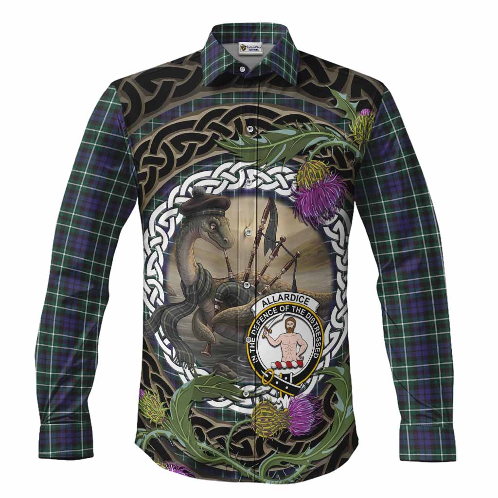 Allardice Tartan Crest Bagpipe Nessie Long Sleeve Button Shirts Scottish Loch Ness Monster Celtic Thistle