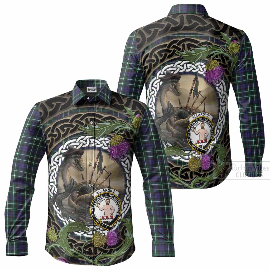 Allardice Tartan Crest Bagpipe Nessie Long Sleeve Button Shirts Scottish Loch Ness Monster Celtic Thistle