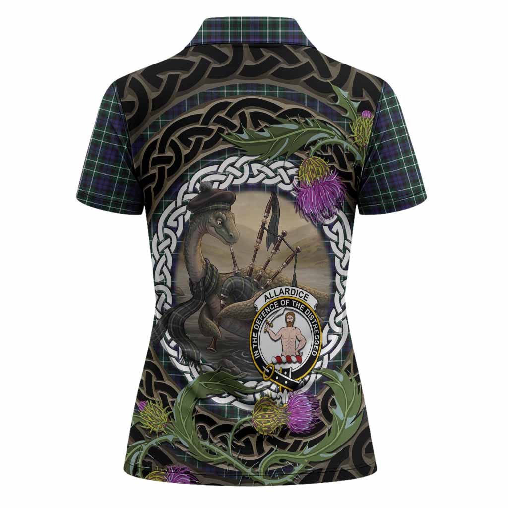 Allardice Tartan Crest Bagpipe Nessie Women Polo Shirt Scottish Loch Ness Monster Celtic Thistle