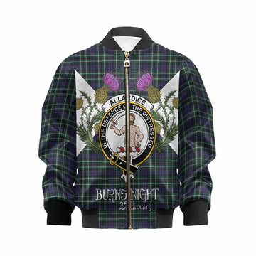 Allardice Tartan Family Crest Kid Bomber Jacket Scottish Burns Night Thistle Floral
