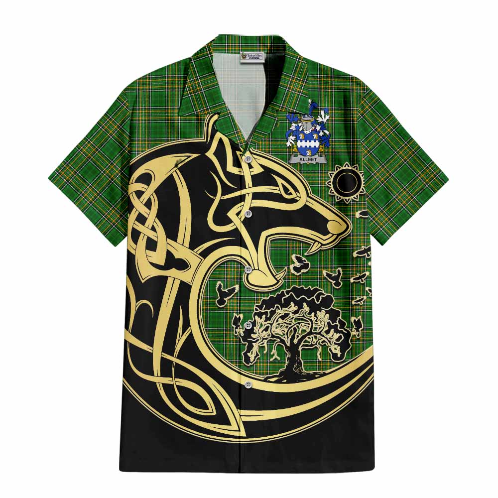Tartan Vibes Clothing Alleet Irish Tartan Short Sleeve Button Shirt with Coat of Arms Celtic Wolf Style
